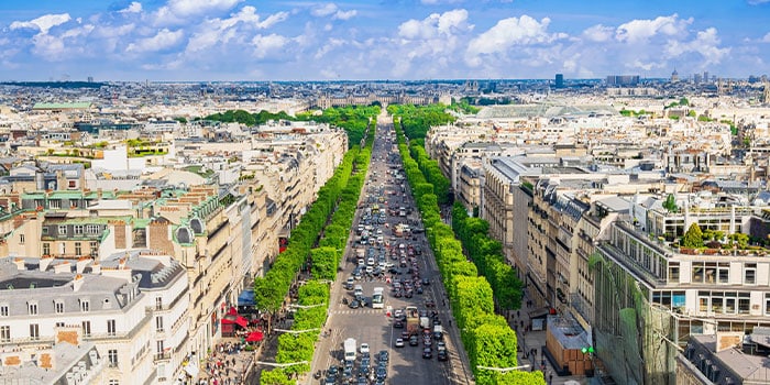 Luftaufnahme einer belebten, von Bäumen gesäumten Allee in einer europäischen Stadt, gesäumt von historischen Gebäuden. Himmel mit vereinzelten Wolken im Hintergrund.